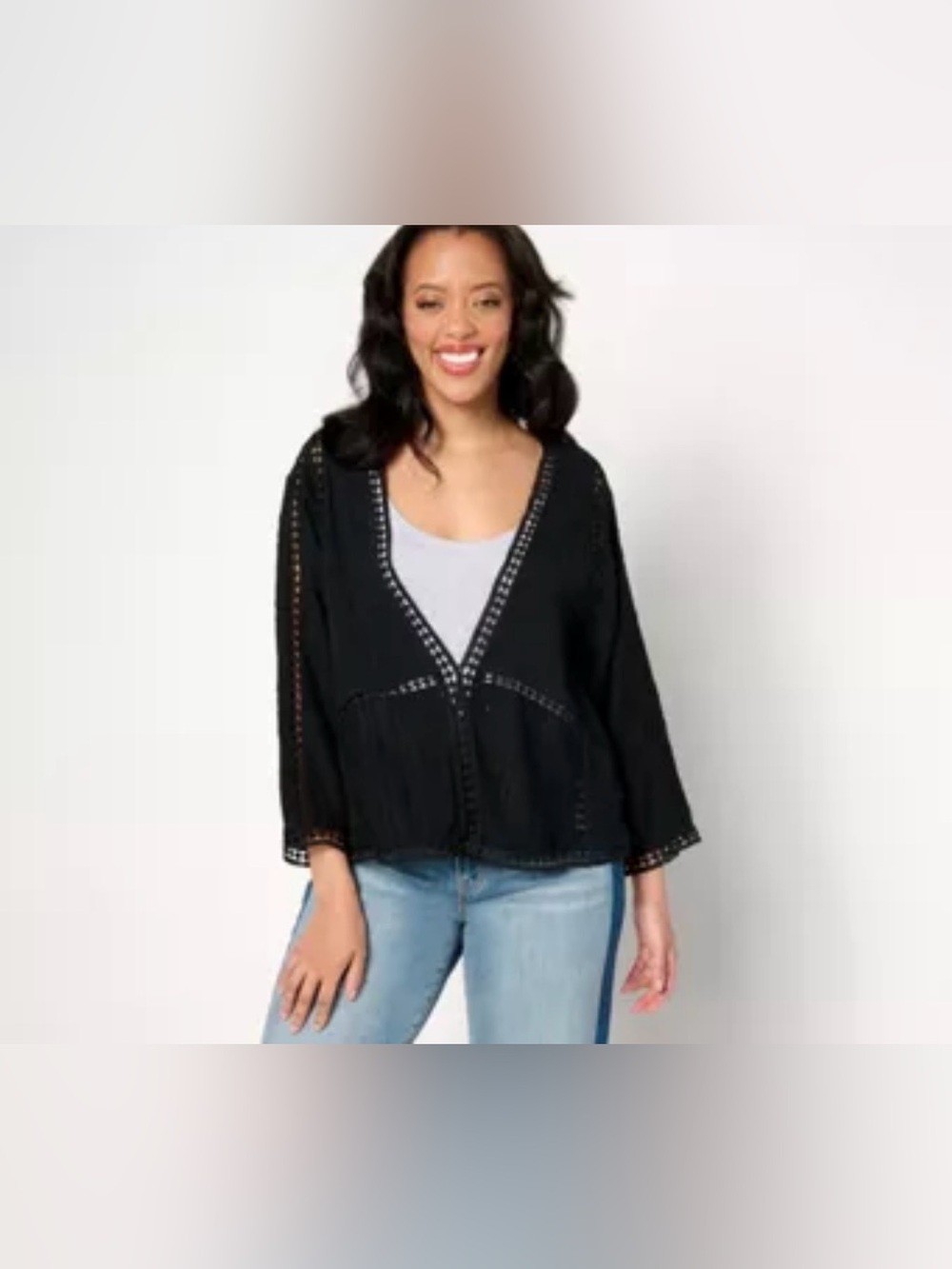 LOGO Lavish by Lori Goldstein Mixed Lace 3/4 Sleeve Cardigan